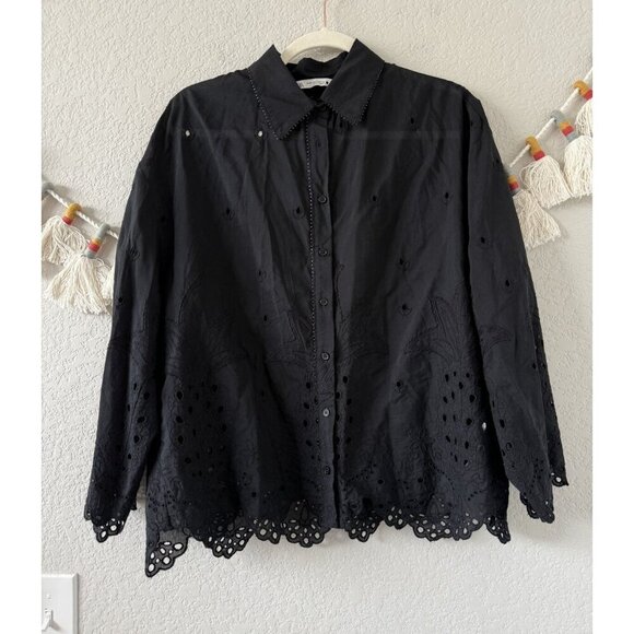 Zara Eyelet Beaded Cutout Pineapple Embroidery Button Up Top Boho Whimsigoth XS - Picture 1 of 12